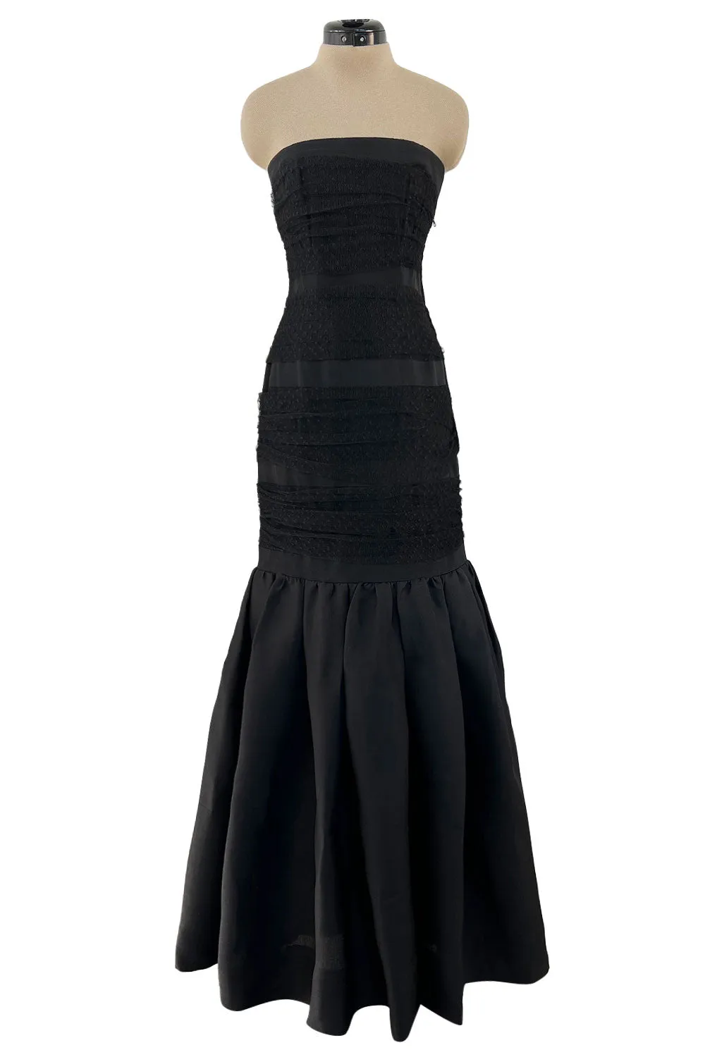 Spring 1987 Yves Saint Laurent Grosgrain, Dotted Net & Silk Strapless Dress w Bows