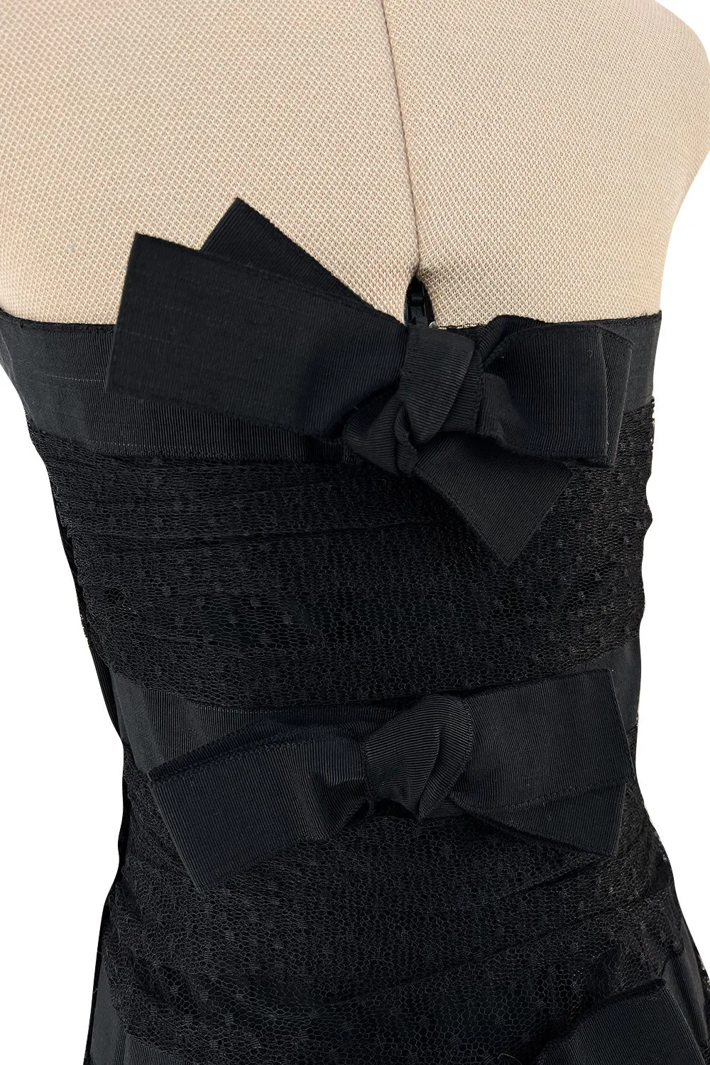 Spring 1987 Yves Saint Laurent Grosgrain, Dotted Net & Silk Strapless Dress w Bows