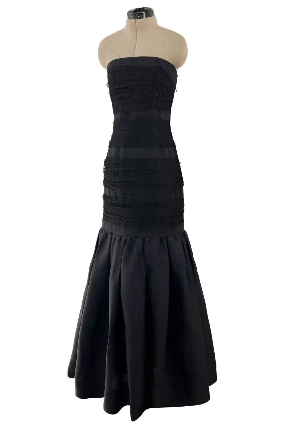 Spring 1987 Yves Saint Laurent Grosgrain, Dotted Net & Silk Strapless Dress w Bows