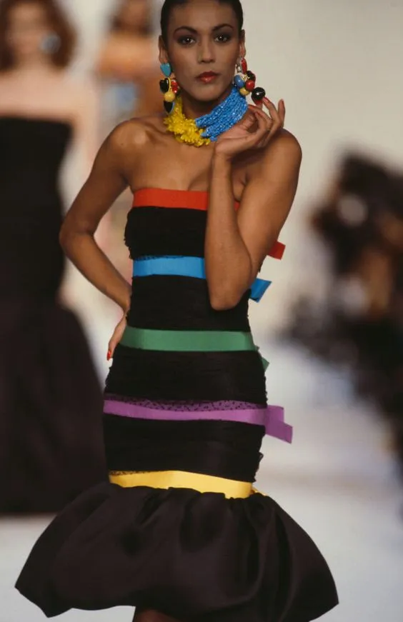 Spring 1987 Yves Saint Laurent Grosgrain, Dotted Net & Silk Strapless Dress w Bows
