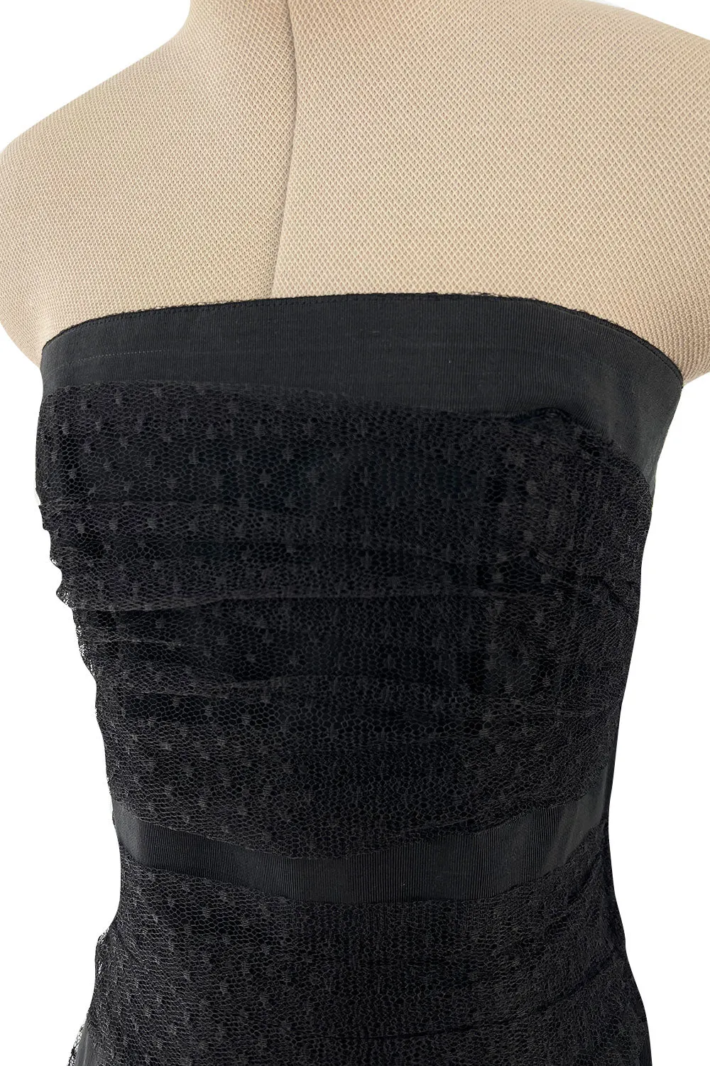 Spring 1987 Yves Saint Laurent Grosgrain, Dotted Net & Silk Strapless Dress w Bows