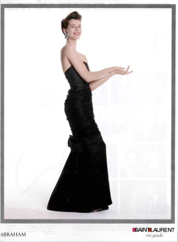 Spring 1987 Yves Saint Laurent Grosgrain, Dotted Net & Silk Strapless Dress w Bows