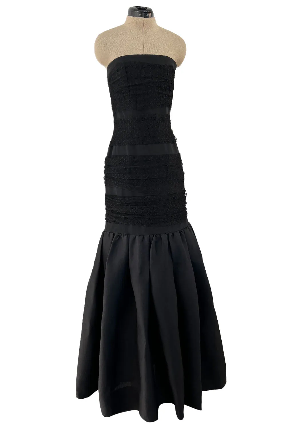 Spring 1987 Yves Saint Laurent Grosgrain, Dotted Net & Silk Strapless Dress w Bows