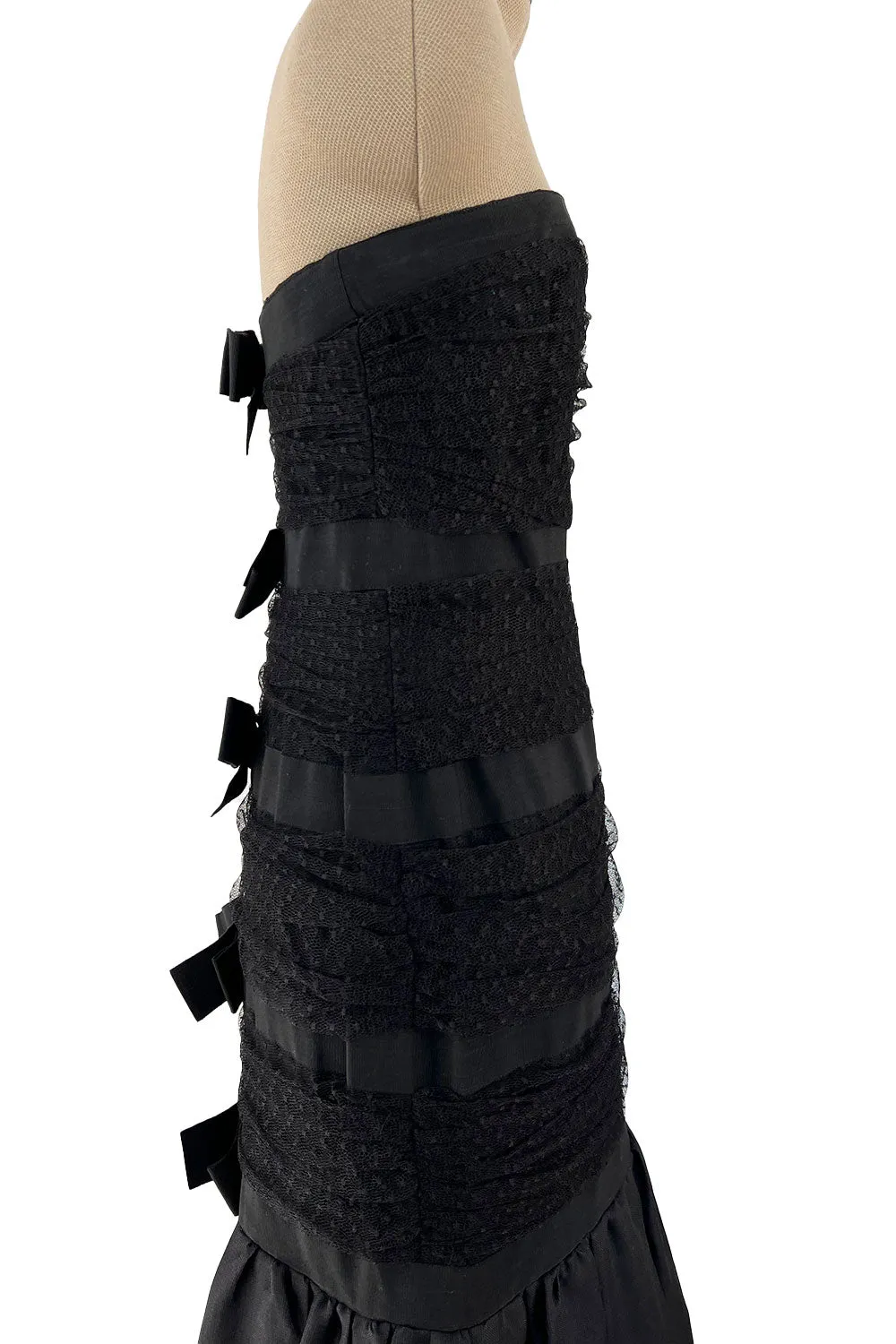 Spring 1987 Yves Saint Laurent Grosgrain, Dotted Net & Silk Strapless Dress w Bows