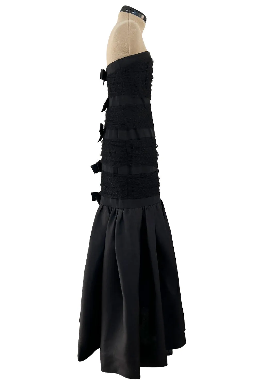 Spring 1987 Yves Saint Laurent Grosgrain, Dotted Net & Silk Strapless Dress w Bows