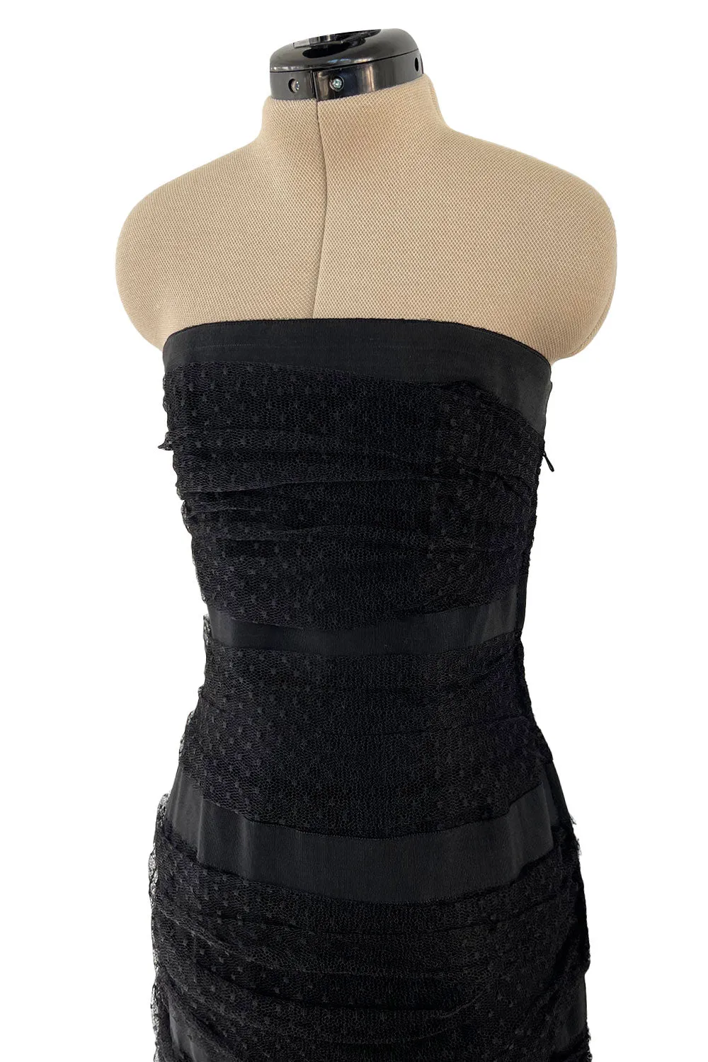 Spring 1987 Yves Saint Laurent Grosgrain, Dotted Net & Silk Strapless Dress w Bows