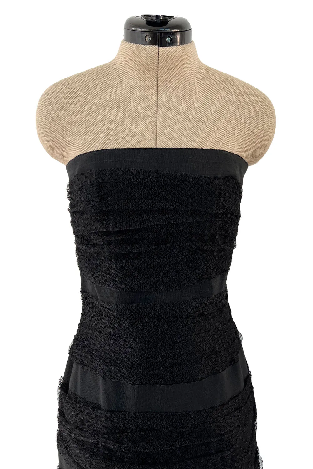 Spring 1987 Yves Saint Laurent Grosgrain, Dotted Net & Silk Strapless Dress w Bows