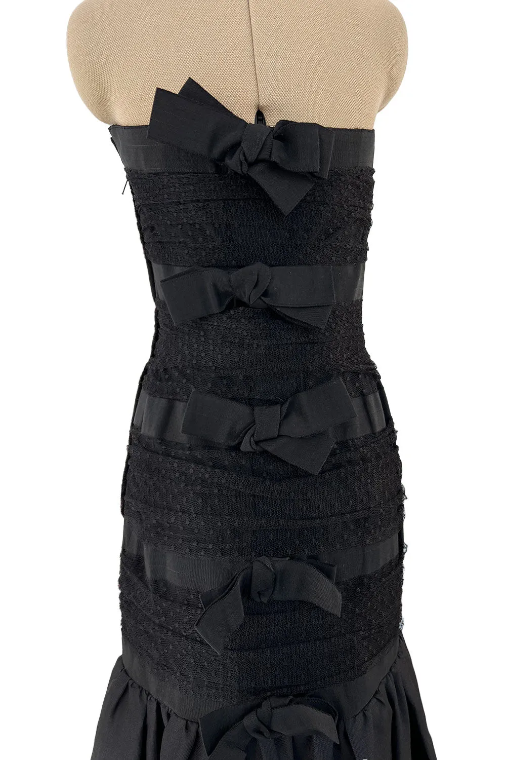 Spring 1987 Yves Saint Laurent Grosgrain, Dotted Net & Silk Strapless Dress w Bows