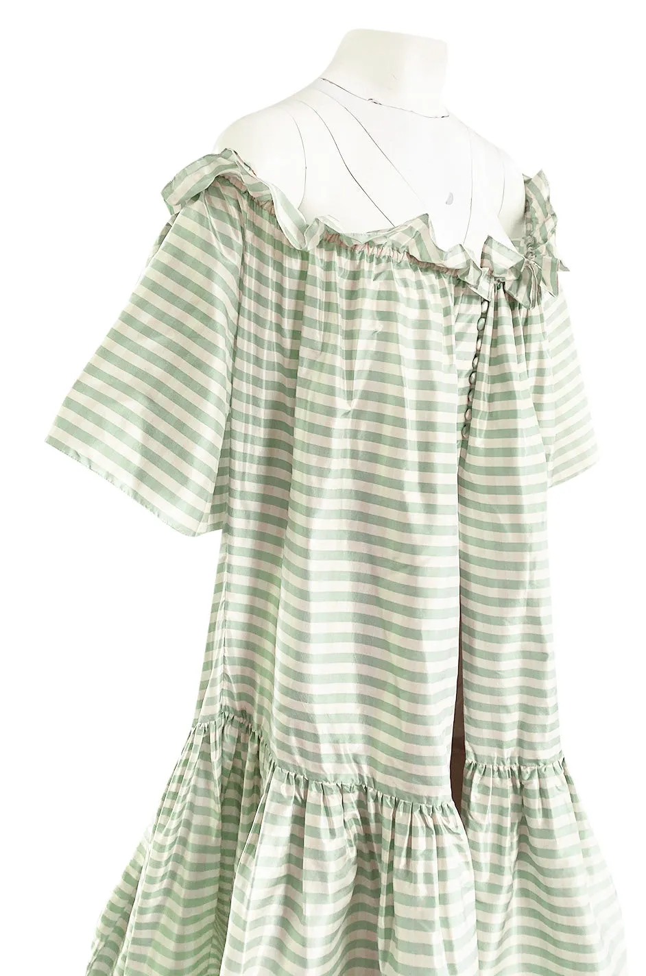Spring 1999 Oscar De La Renta Pale Green Striped Silk Taffeta Billowing Over Dress & Pant Set