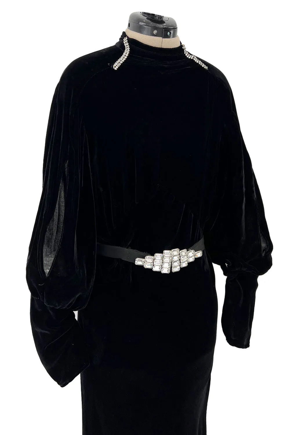 Stunning 1930s Black Bias Cut Silk Velvet Dress w Rhinestone Detail & Brilliant Belt
