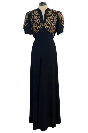 Stunning 1930s Unlabeled Moss Silk Crepe Dress w Dense Beading Sequin & Gold Thread Embroidery