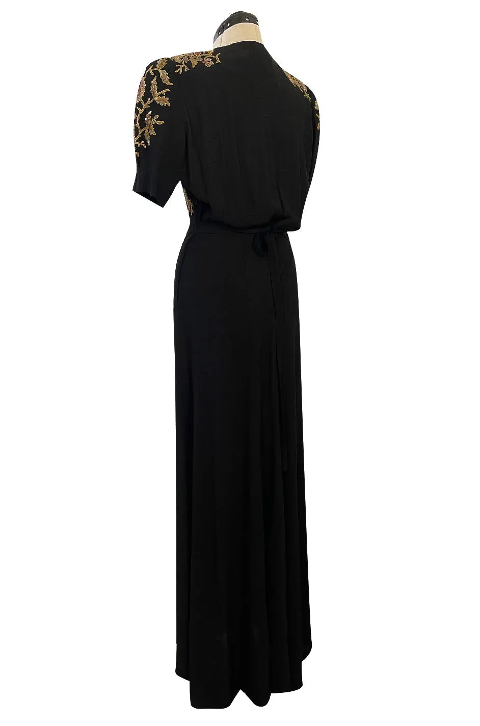 Stunning 1930s Unlabeled Moss Silk Crepe Dress w Dense Beading Sequin & Gold Thread Embroidery