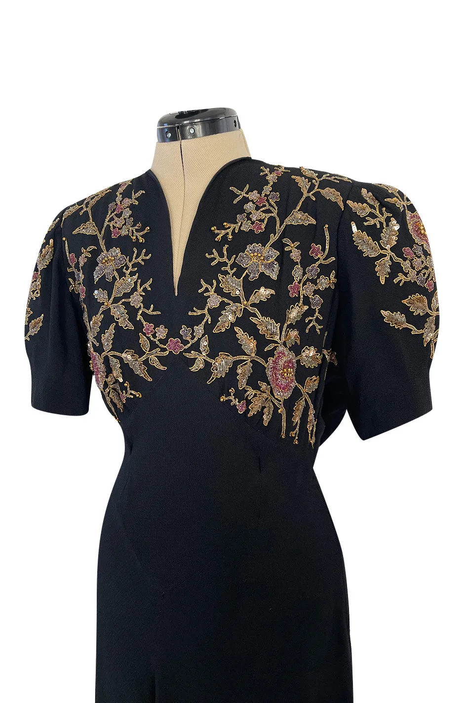 Stunning 1930s Unlabeled Moss Silk Crepe Dress w Dense Beading Sequin & Gold Thread Embroidery