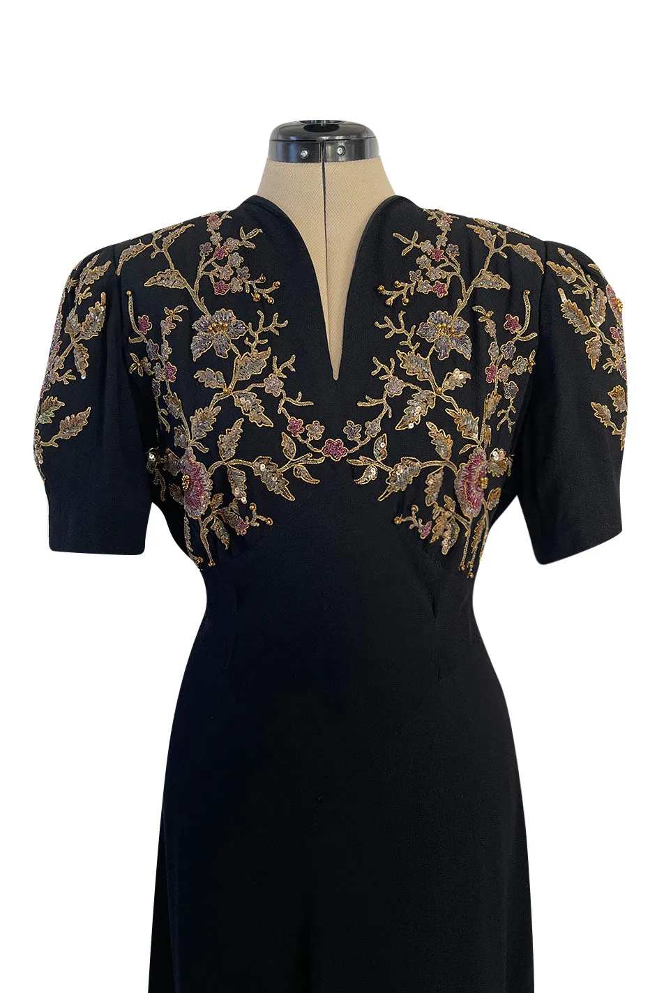 Stunning 1930s Unlabeled Moss Silk Crepe Dress w Dense Beading Sequin & Gold Thread Embroidery