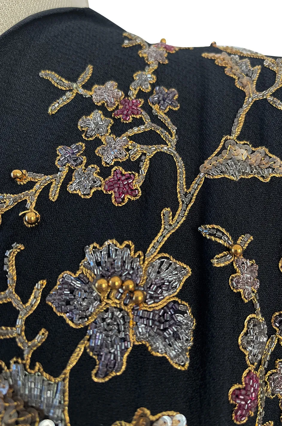 Stunning 1930s Unlabeled Moss Silk Crepe Dress w Dense Beading Sequin & Gold Thread Embroidery
