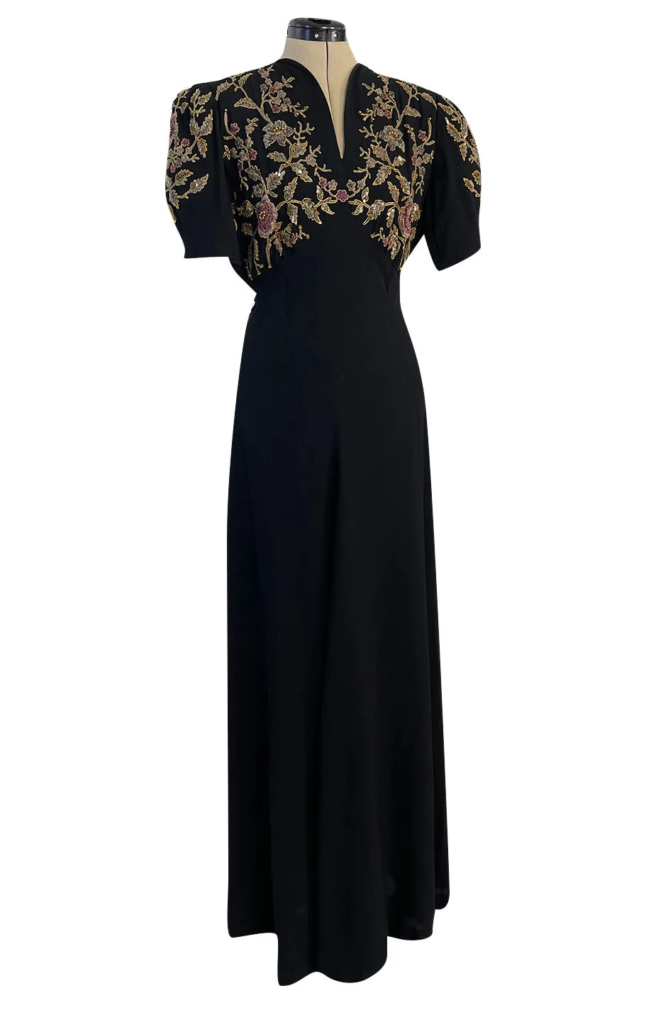 Stunning 1930s Unlabeled Moss Silk Crepe Dress w Dense Beading Sequin & Gold Thread Embroidery