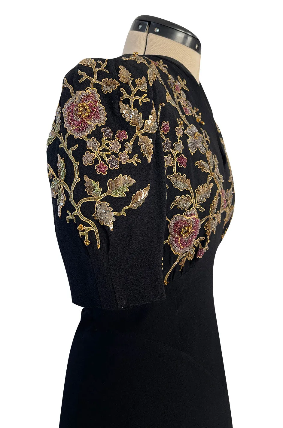 Stunning 1930s Unlabeled Moss Silk Crepe Dress w Dense Beading Sequin & Gold Thread Embroidery