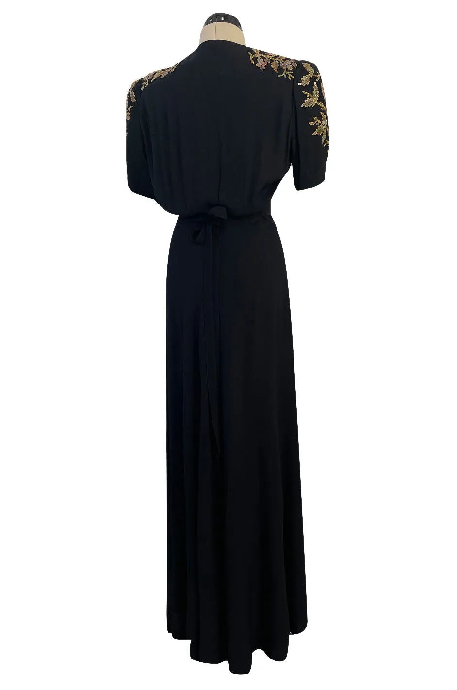 Stunning 1930s Unlabeled Moss Silk Crepe Dress w Dense Beading Sequin & Gold Thread Embroidery