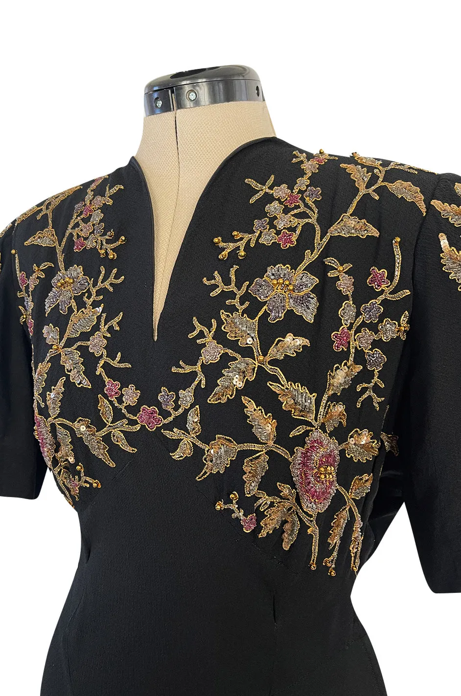 Stunning 1930s Unlabeled Moss Silk Crepe Dress w Dense Beading Sequin & Gold Thread Embroidery