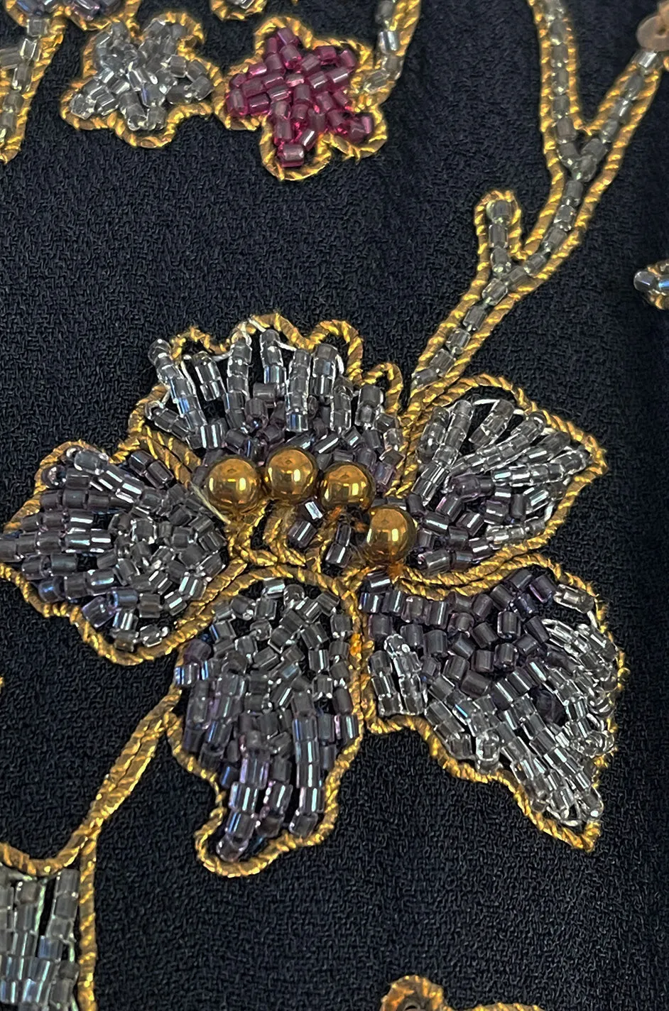 Stunning 1930s Unlabeled Moss Silk Crepe Dress w Dense Beading Sequin & Gold Thread Embroidery