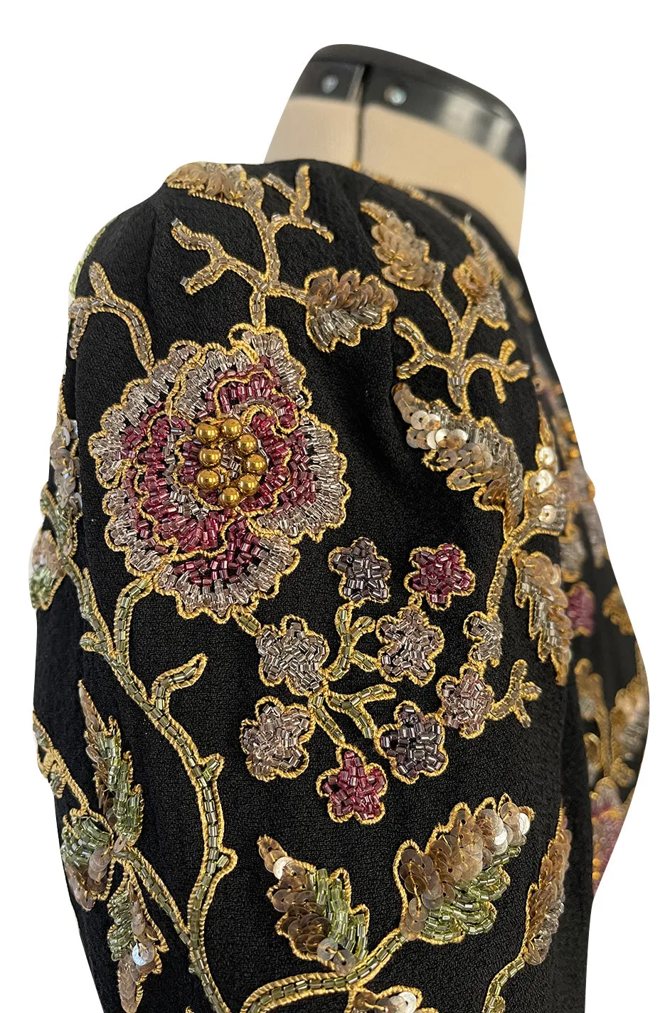 Stunning 1930s Unlabeled Moss Silk Crepe Dress w Dense Beading Sequin & Gold Thread Embroidery