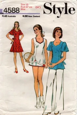 Style 4588 Womens Dress or Tennis Dress & Panties 1970s Vintage Sewing Pattern Size 12 Bust 34 inches