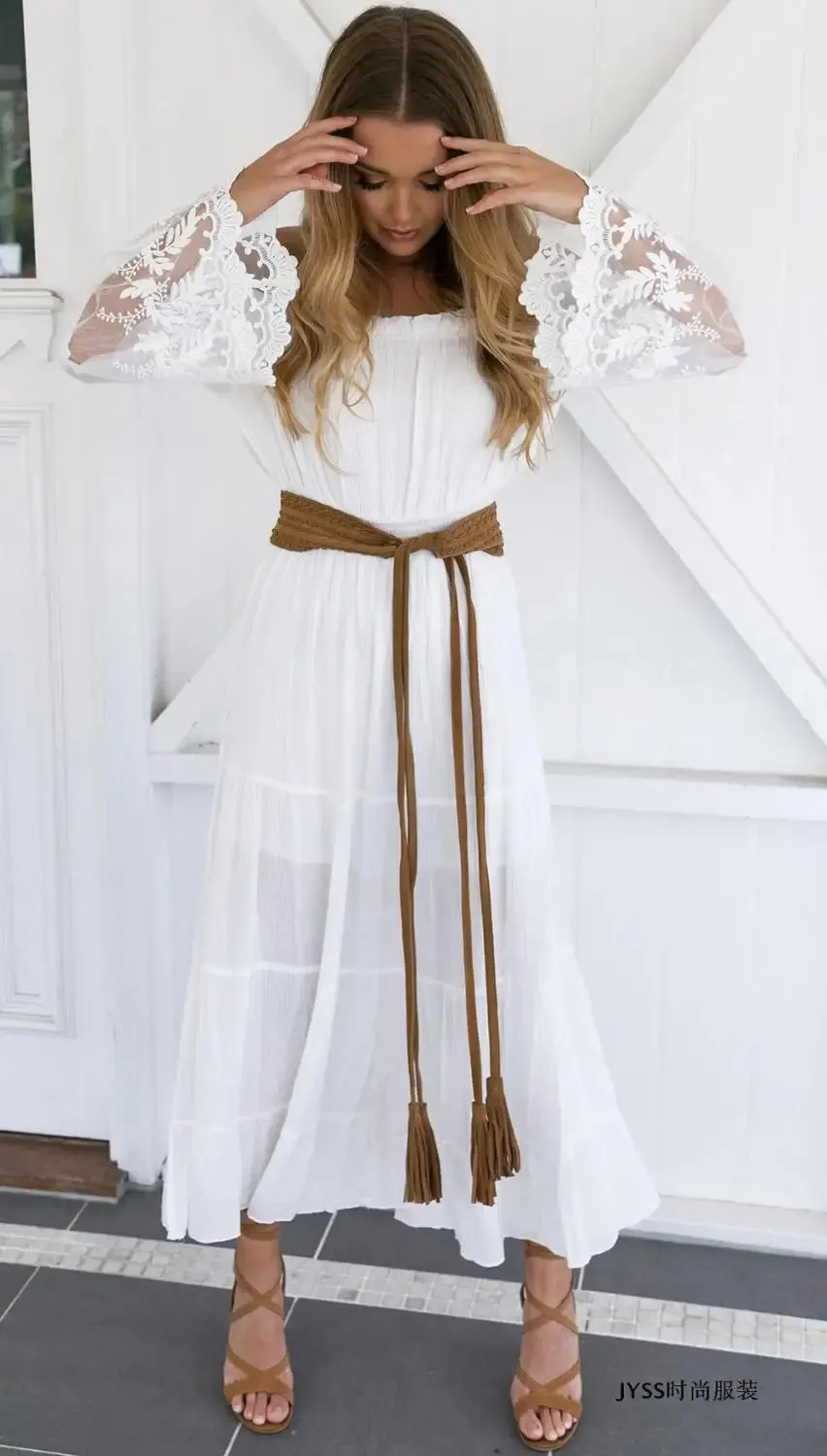 TEELYNN long  boho dress white sexy off the shoulder beach sundress Flare long sleeve splice lace women dresses summer vestidos