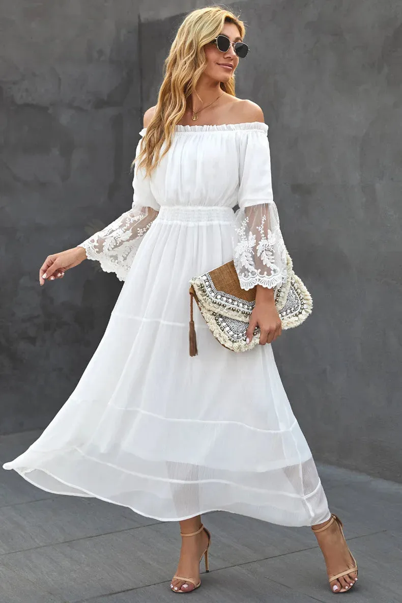 TEELYNN long  boho dress white sexy off the shoulder beach sundress Flare long sleeve splice lace women dresses summer vestidos