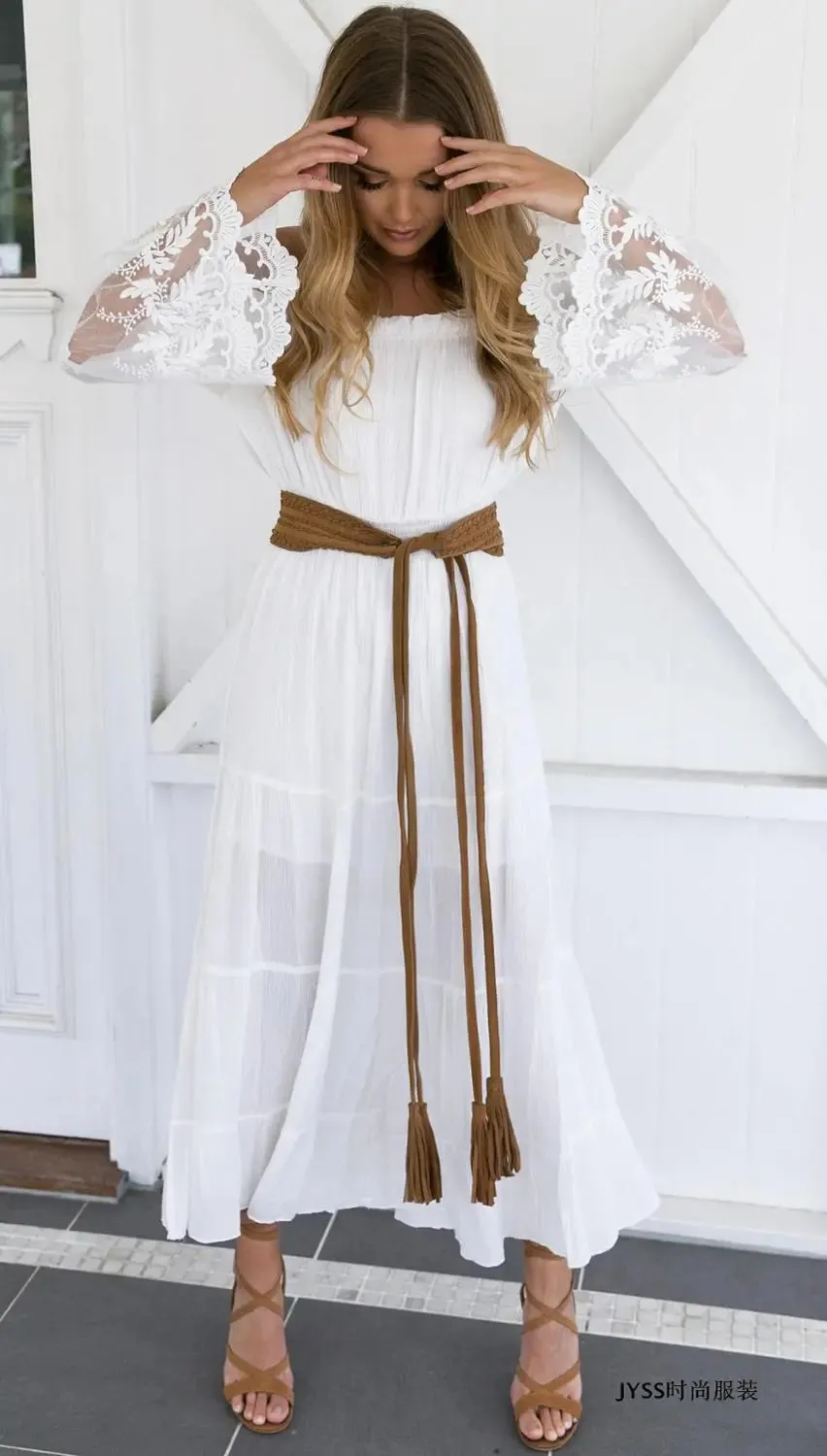 TEELYNN long  boho dress white sexy off the shoulder beach sundress Flare long sleeve splice lace women dresses summer vestidos