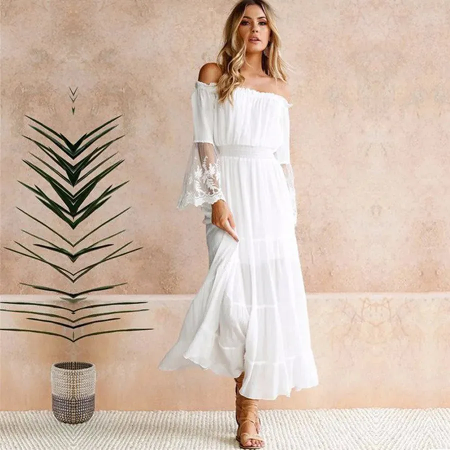 TEELYNN long  boho dress white sexy off the shoulder beach sundress Flare long sleeve splice lace women dresses summer vestidos