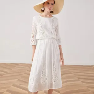 TEELYNN silk cotton lace dress white floral Embroidery party dresses 2019 vintage midi Autumn dresses brand long women dresses