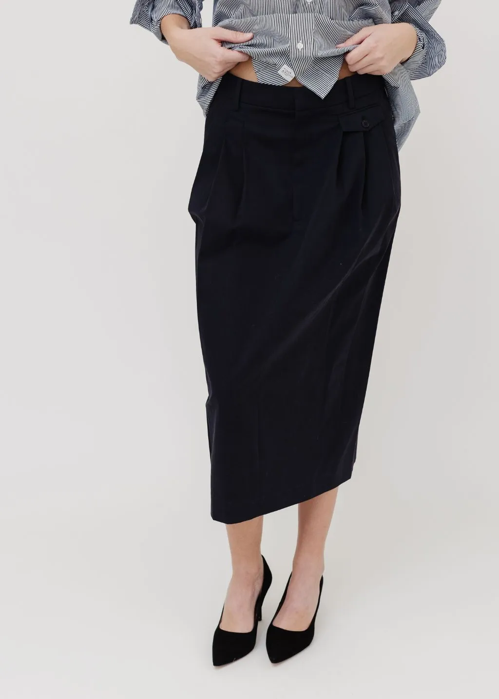 Tibi Bio Twill Triple Pleat Skirt in Dark Navy