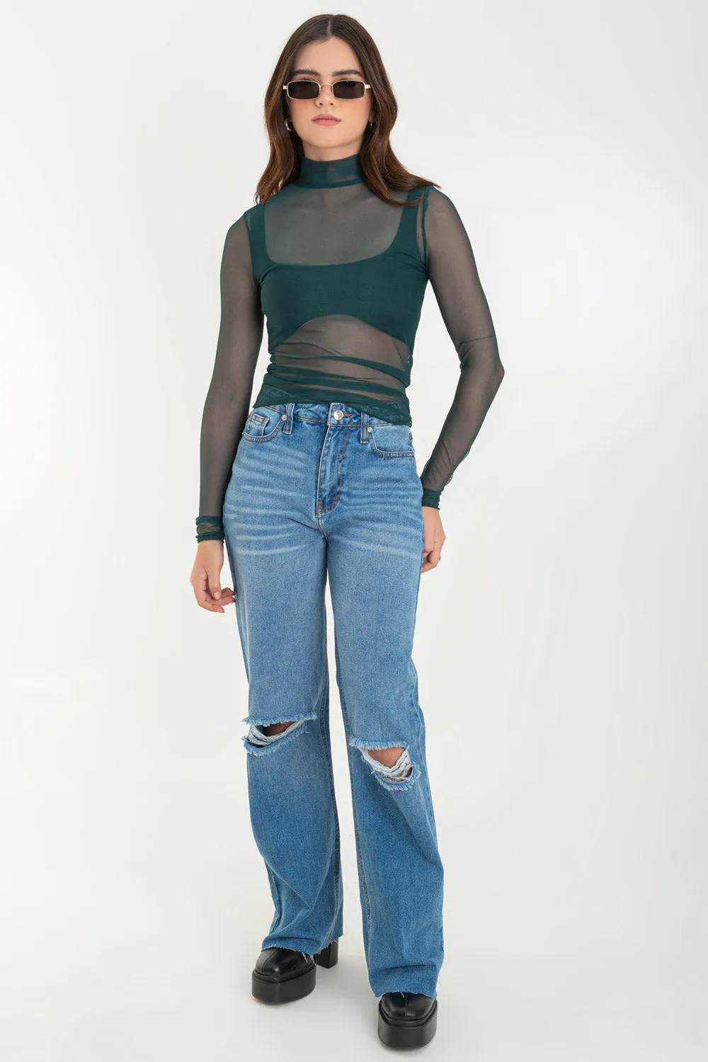 Top básico de mesh fit recto cuello alto