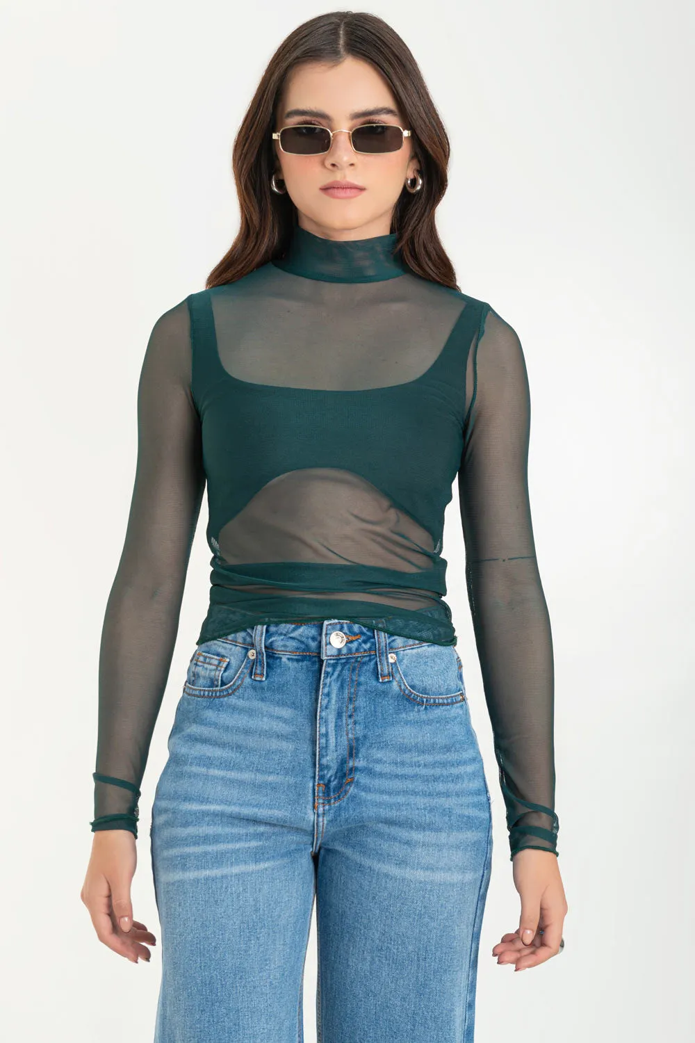 Top básico de mesh fit recto cuello alto