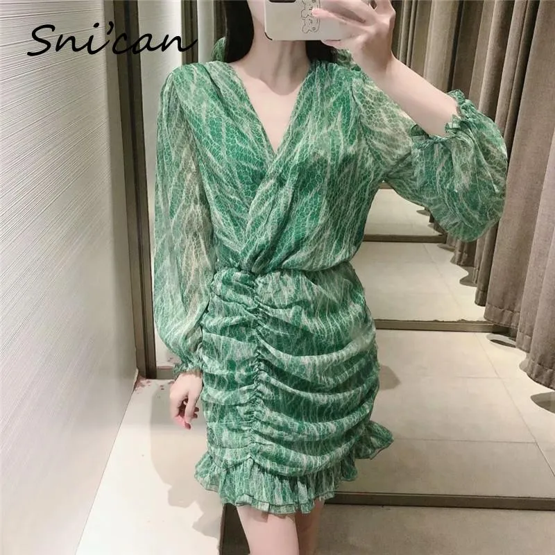 V-Neck Sexy Print Ruffle Sleeve Dress