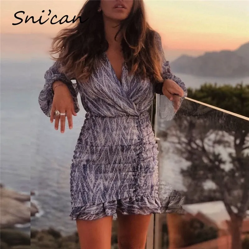 V-Neck Sexy Print Ruffle Sleeve Dress