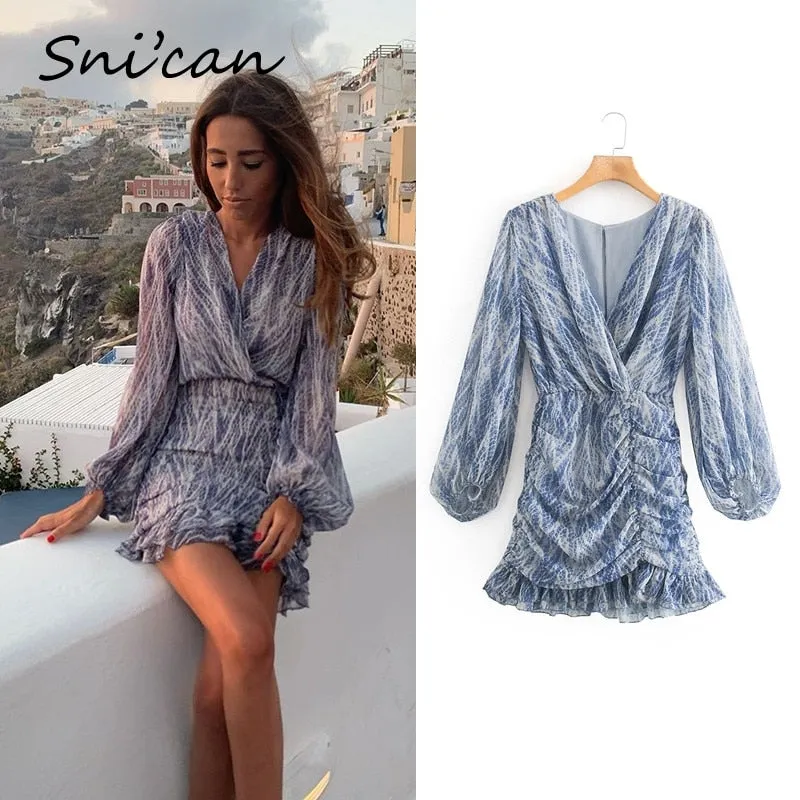 V-Neck Sexy Print Ruffle Sleeve Dress