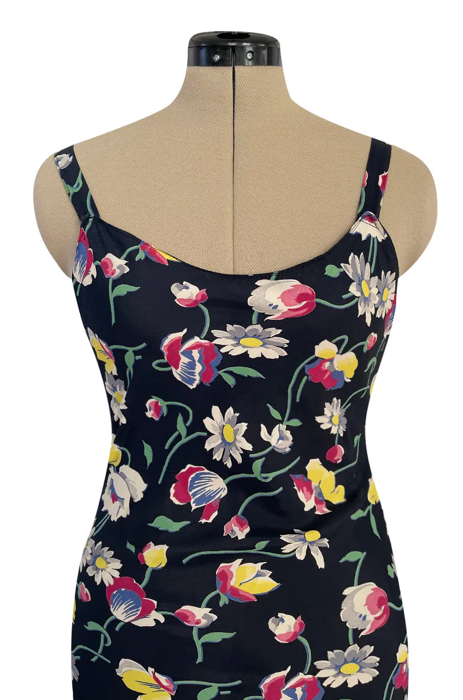 Very Pretty Late 1930s Early 1940s Unlabeled Bias Cut Floral Print Silky Rayon Slip Dress