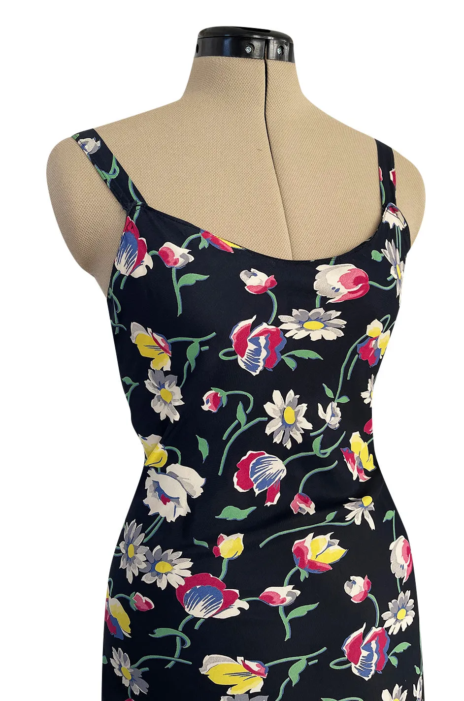 Very Pretty Late 1930s Early 1940s Unlabeled Bias Cut Floral Print Silky Rayon Slip Dress
