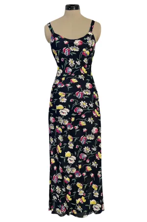 Very Pretty Late 1930s Early 1940s Unlabeled Bias Cut Floral Print Silky Rayon Slip Dress
