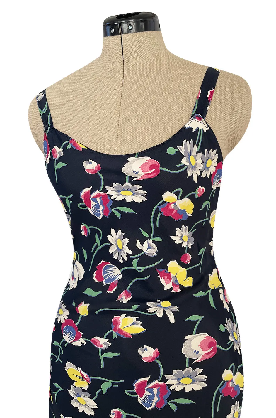 Very Pretty Late 1930s Early 1940s Unlabeled Bias Cut Floral Print Silky Rayon Slip Dress