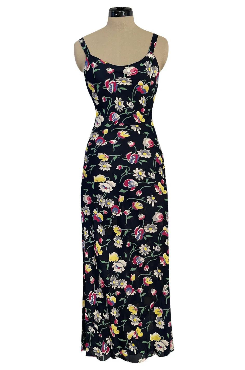 Very Pretty Late 1930s Early 1940s Unlabeled Bias Cut Floral Print Silky Rayon Slip Dress