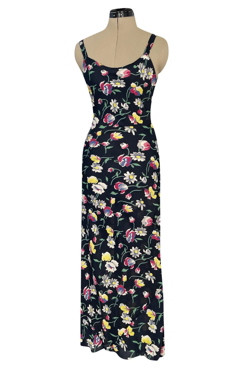 Very Pretty Late 1930s Early 1940s Unlabeled Bias Cut Floral Print Silky Rayon Slip Dress