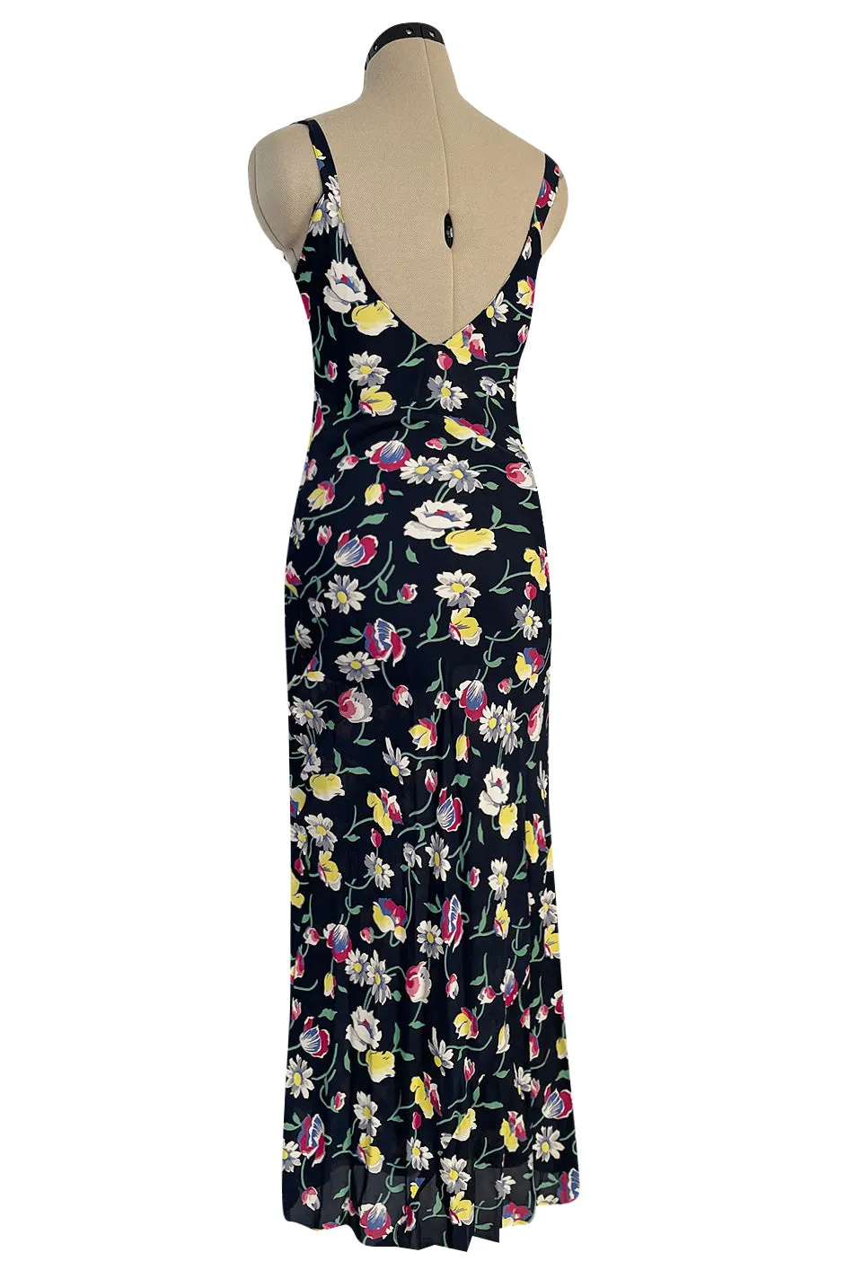 Very Pretty Late 1930s Early 1940s Unlabeled Bias Cut Floral Print Silky Rayon Slip Dress