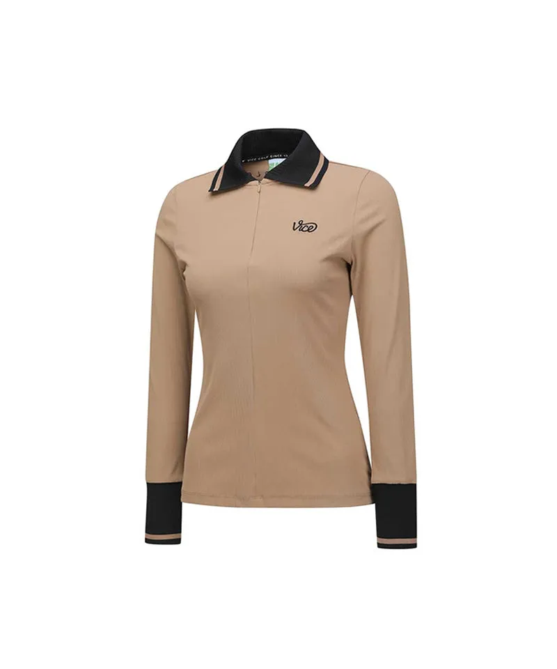 Vice Golf Atelier Women's Wide Collar Half Zip-Up Long Sleeve T-Shirt - Brown