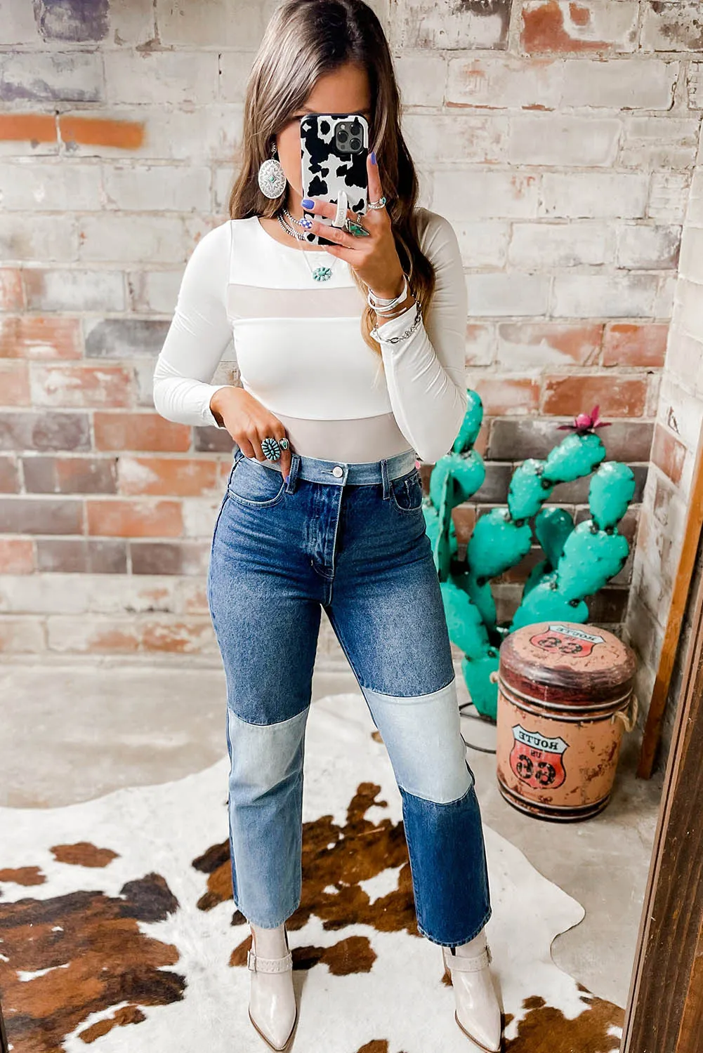 White Mesh Patchwork Long Sleeve Bodysuit