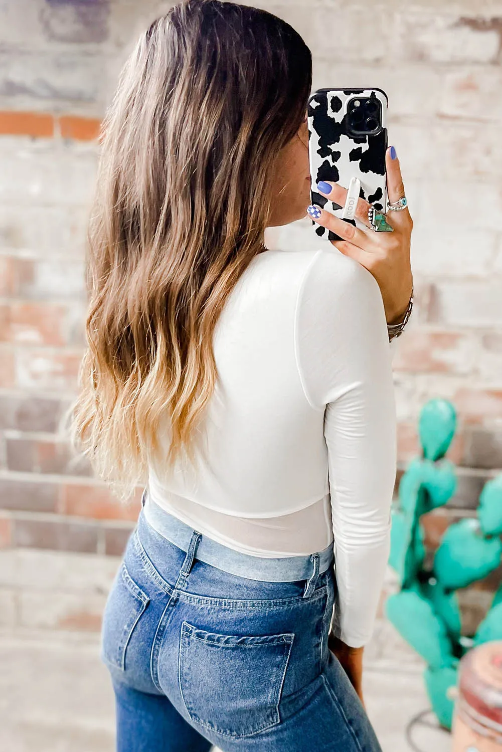 White Mesh Patchwork Long Sleeve Bodysuit