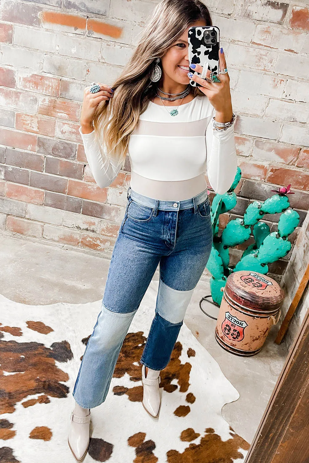 White Mesh Patchwork Long Sleeve Bodysuit