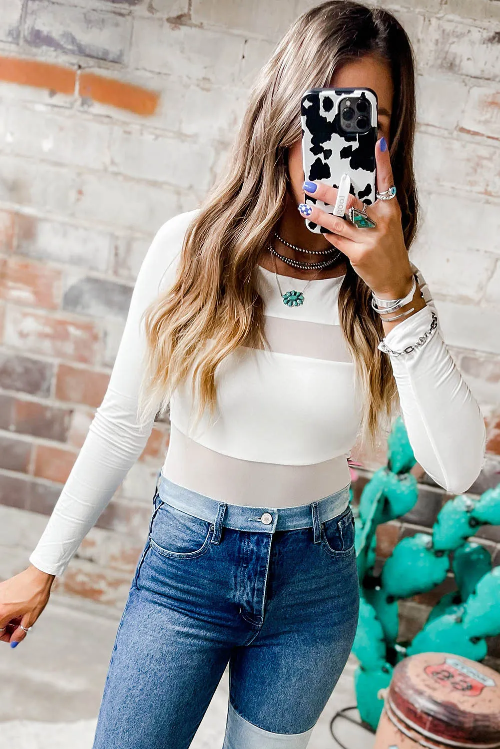 White Mesh Patchwork Long Sleeve Bodysuit