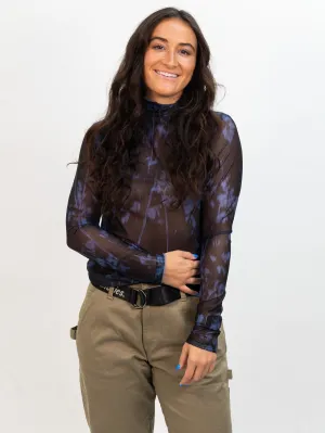 Wild Pony Mesh Crop Top with Leaf Print - Blue